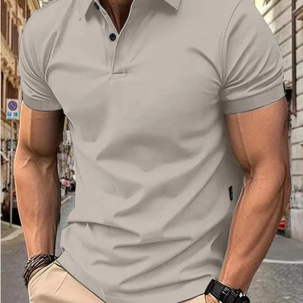 Men's Casual Short Sleeve Button-Up Lapel Solid Color T-Shirt