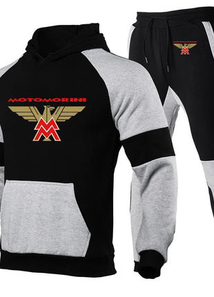 2024 Spring Autumn Men's Moto Morini Logo Print Sports Splicing Cotton Hooded Tracksuit+Jogging Sweatpants Trend Comfortable Set PlatiNum