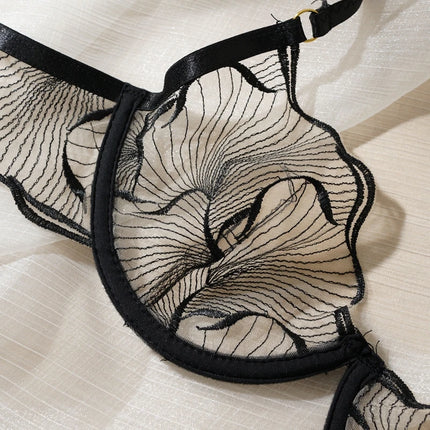 Elegant Women Flower Embroidery Mesh Lingerie Set Adjustable Straps Underwire Bra Panty Transparent Intimates