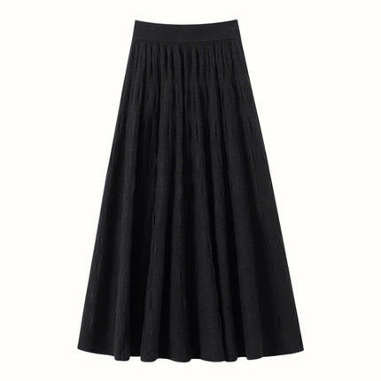 Women Cashmere Skirt A-Line Jacquard Elastic Waist Flared Skirt Autumn Winter 100% Cashmere Knitted Office Lady Curled Hem Dress PlatiNum