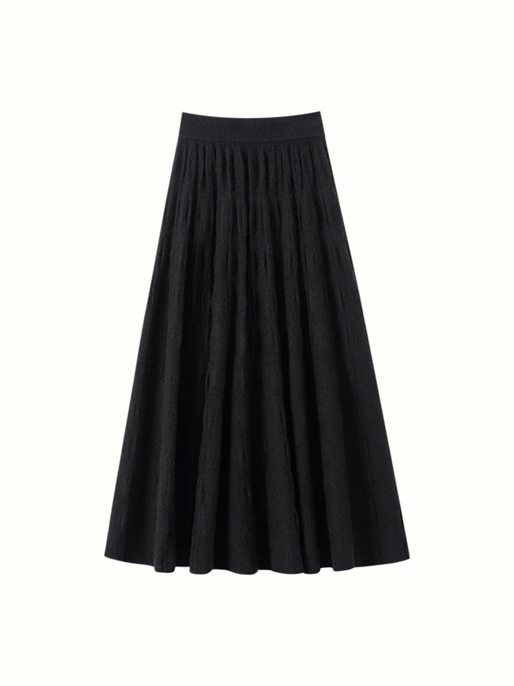 Women Cashmere Skirt A-Line Jacquard Elastic Waist Flared Skirt Autumn Winter 100% Cashmere Knitted Office Lady Curled Hem Dress PlatiNum