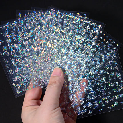 12Pcs 3D Laser Silver Star Ribbon Nail Stickers Y2K Stars Moon Sun Self-Adhesive Slider Exquisite Flower Leaf DIY Manicure Decal