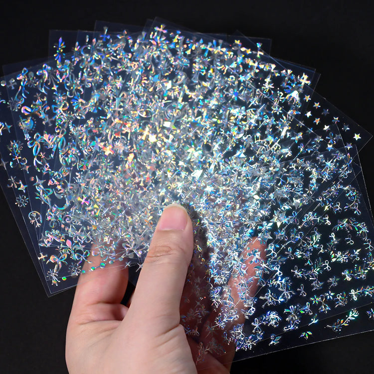 12Pcs 3D Laser Silver Star Ribbon Nail Stickers Y2K Stars Moon Sun Self-Adhesive Slider Exquisite Flower Leaf DIY Manicure Decal