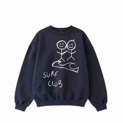 Navy Blue Cartoon Stick Figure Print Crew Neck Sweatshirt Women Loose Long Sleeve Vintage Streetwear Casual Pullover Tops Women