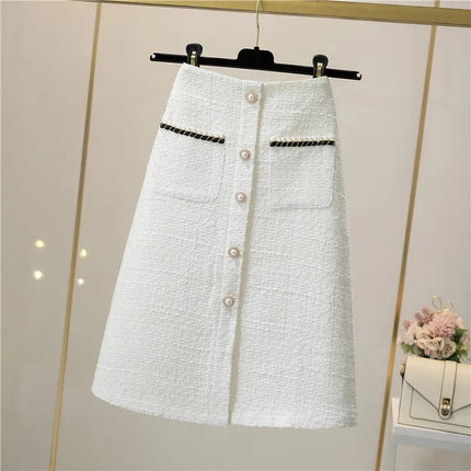 Women's Mid-Length/Short White Black Tweed High-Waist Woolen A-Line Autumn Winter Fragrant Silk Skirt PlatiNum