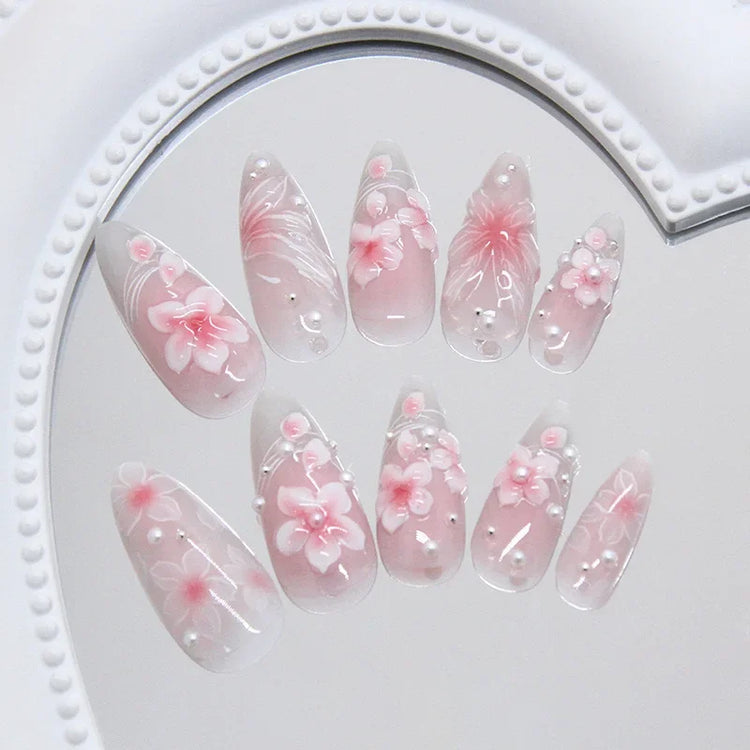 24pcs Pink Flower Almond Press on Nails Kawaii False Nails Wearable Stick-on Nails Fake Nail Uñas Postizas Накладные Ногти 네일팁2028