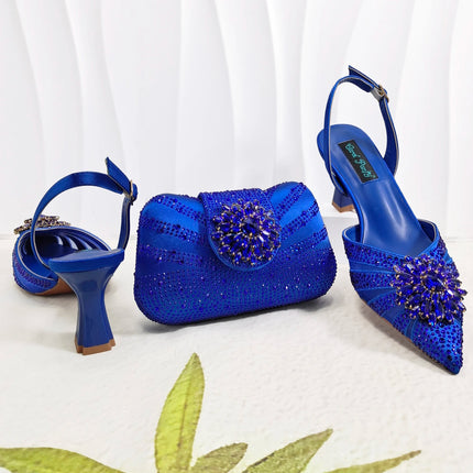 Zapatos y Bolso Nuevos de Diseño Italiano Azules con Diamantes de Imitación, Tacón Alto, Estilo de Moda, Zapatos de Tacón para Máxima Comodidad, Zapatos de Mujer