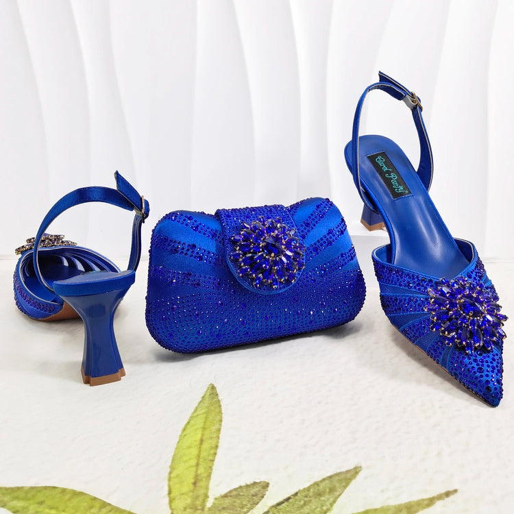 Nuove Scarpe e Borsa di Design Italiano Blu con Strass, Tacco Alto, Stile Moda, Scarpe a Punta per il Massimo Comfort, Scarpe da Donna