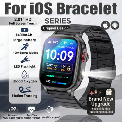 2026New Smart Watch Fitness Clock Men 2.01" AMOLED Screen 1400mAh 130+ Days Battery Life Flashlight Call Waterproof Smartwatches
