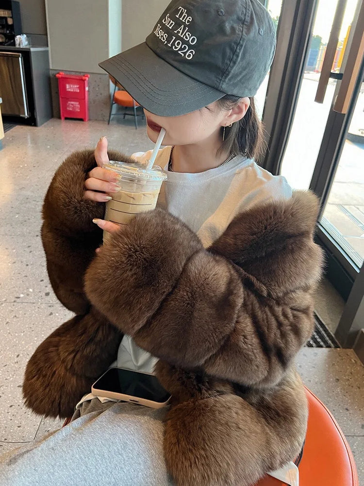 ZADORIN New Winter Faux Mink Coat Woman Elegant V Neck Long Sleeve Brown Faux Fur Coat Luxury Furry Jacket Woman Clothes Fur Top