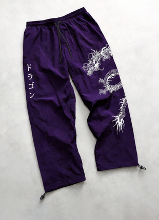 Pantaloni Larghi in Nylon con Stampa Drago per Uomo, Primavera-Estate, Joggers Streetwear per Palestra e Uso Quotidiano, Nero e Blu