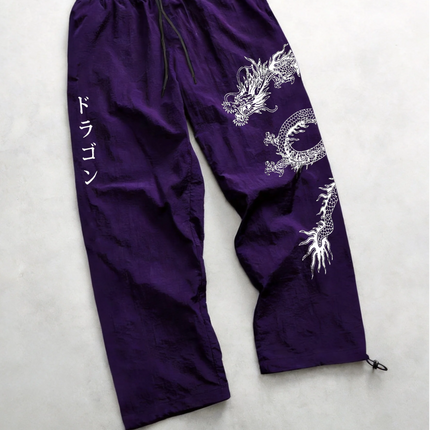 Pantaloni Larghi in Nylon con Stampa Drago per Uomo, Primavera-Estate, Joggers Streetwear per Palestra e Uso Quotidiano, Nero e Blu