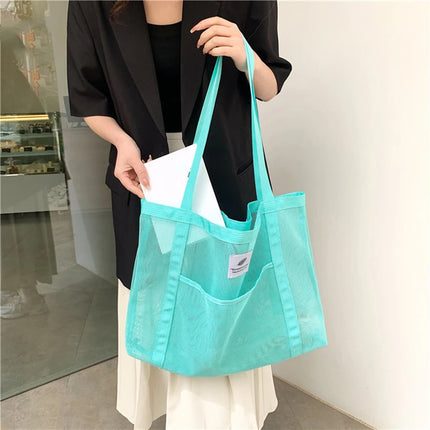 Borsa tote da donna in rete trasparente, borsa a tracolla portatile alla moda multifunzionale per lo shopping, viaggi, spiaggia estiva