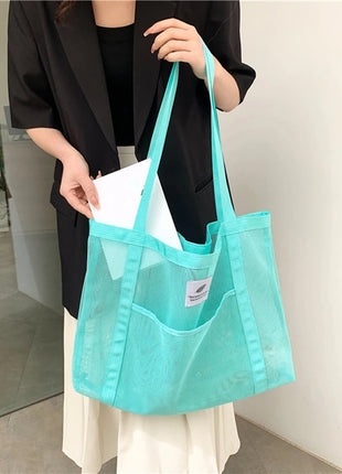 Borsa tote da donna in rete trasparente, borsa a tracolla portatile alla moda multifunzionale per lo shopping, viaggi, spiaggia estiva