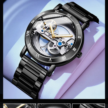 AKDPN Men's Watches Automatic Mechanical Stainless Steel Men's Wrist Watch Skeleton Automatic Watches for Man Watch Montre Homme