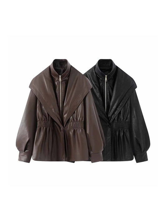 Women's Brown PU Leather Jacket Streetwear Motorcycle Long Coat Vintage Turtleneck Mustang Jacket Outerwear 2000s Clothes Autumn