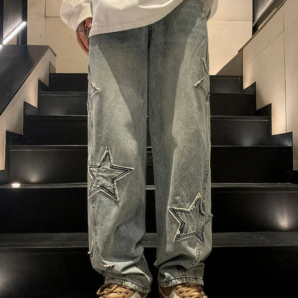 New Fashion Stella a cinque punte Jeans Uomo a vita alta Vintage Streetwear Pantaloni da uomo Baggy Inverno Jeans a gamba larga Denim Abbigliamento uomo