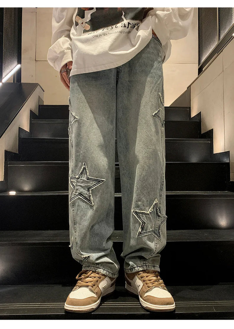 New Fashion Stella a cinque punte Jeans Uomo a vita alta Vintage Streetwear Pantaloni da uomo Baggy Inverno Jeans a gamba larga Denim Abbigliamento uomo