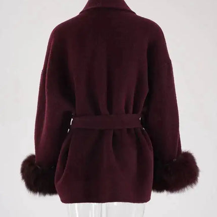 UCXQ Elegant OL Office Lady Overcoats Fur Patchwork Long Sleeve Woolen Coat Beautiful Women's Clothing Jacket Autumn 2025 Winter