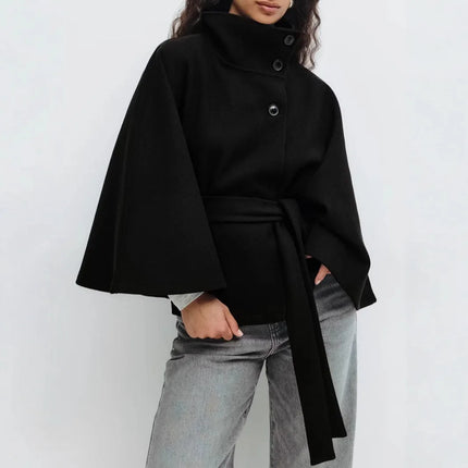 Women Lace Up High Neck Jackets For Women With Belt Elegant Windbreaker Faux Wool Blends Cape Street  Solid Windbreaker Cloak