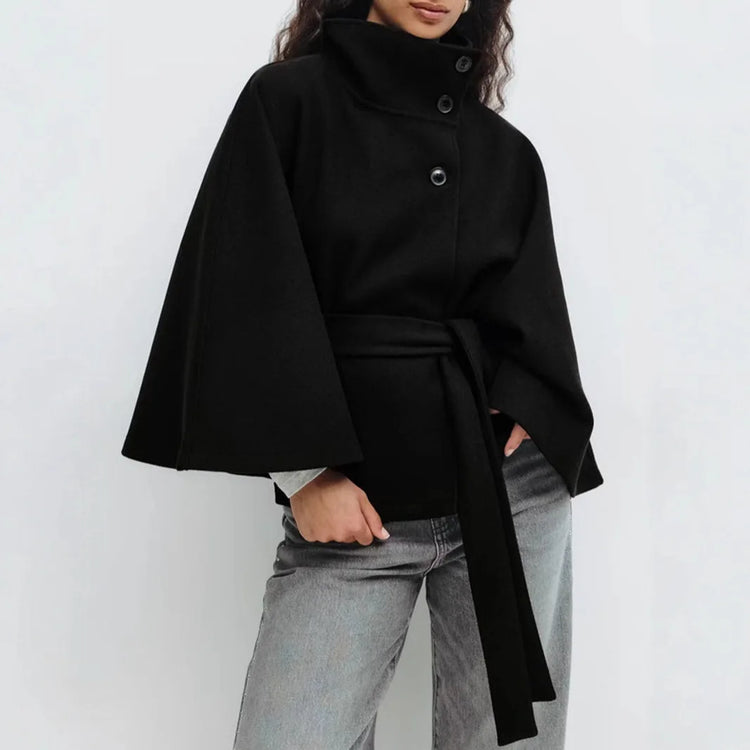 Women Lace Up High Neck Jackets For Women With Belt Elegant Windbreaker Faux Wool Blends Cape Street  Solid Windbreaker Cloak