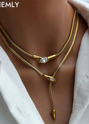 GANEMLY 316L Stainless Steel Snakehead Shining Zircon Necklace Trendy Neck Chain Choker Collar Waterproof Jewelry For Women PlatiNum
