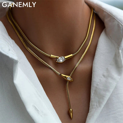 GANEMLY 316L Stainless Steel Snakehead Shining Zircon Necklace Trendy Neck Chain Choker Collar Waterproof Jewelry For Women PlatiNum
