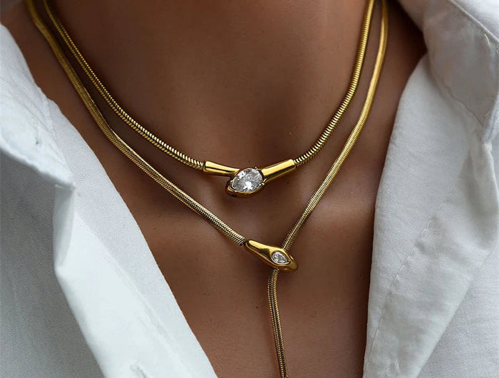 GANEMLY 316L Stainless Steel Snakehead Shining Zircon Necklace Trendy Neck Chain Choker Collar Waterproof Jewelry For Women PlatiNum