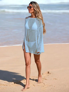 Transparenter Damen-Strandkleid aus Netzstoff, Boho-Überwurfkleid mit M-förmiger Struktur