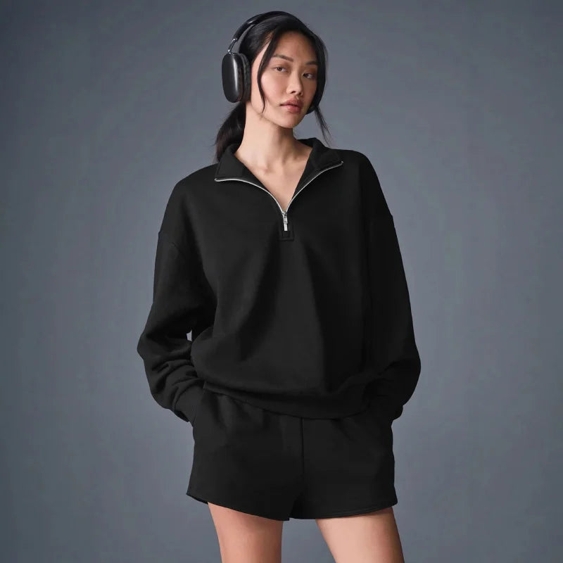 Unisex Winter Fleece Sweatshirt Thick Warm Stand Collar Zip Jacket Loose Fit Sport Top Casual Fitnes Outerwear for Men and Women