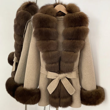 Real Fur Wool Jacket Fashion Reality Fur Jacket Women Natural Fox Fur Cuffs Winter Clothing Female Elegant with Belt Woolen Coat