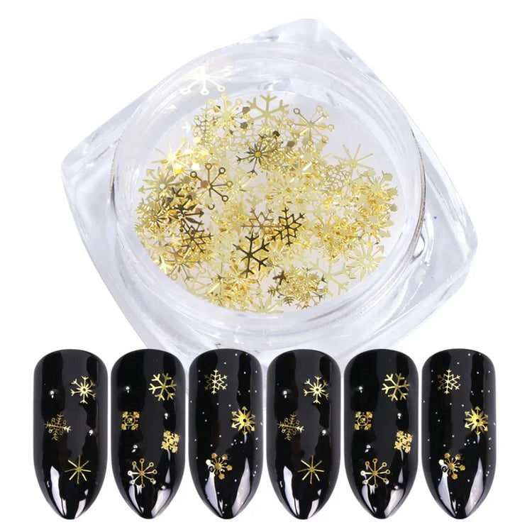 80-90pcs/jar Hollow Out Gold Nail Glitter Sequin Snow Flakes 8/10mm Mixed Metal Snowflakes 2023 DIY Snow Flake Manicure Decor 2028