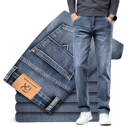 Autumn Men's Business Straight Fit Jeans Vintage Blue Smoke Gray Stretch Trousers Soft Comfortable Fabric Denim Pants Male PlatiNum