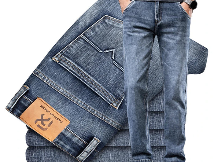 Autumn Men's Business Straight Fit Jeans Vintage Blue Smoke Gray Stretch Trousers Soft Comfortable Fabric Denim Pants Male PlatiNum