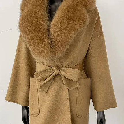 CXFS 2025 Winter Fashion Women Double-sided Wool Cashmere Coat with Detachable Natural Fox Fur Collar New design suit collar