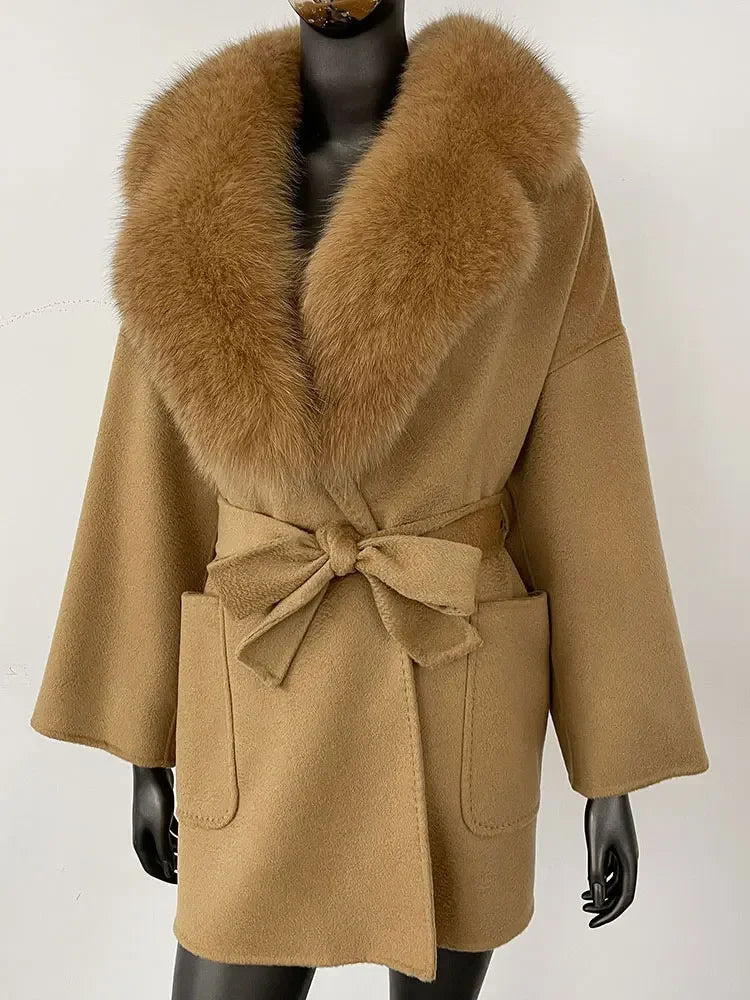CXFS 2025 Winter Fashion Women Double-sided Wool Cashmere Coat with Detachable Natural Fox Fur Collar New design suit collar