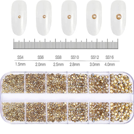 12 Grids Mixed Size Nail Rhinestones SS6 to SS30 Shiny Clear Gold Pink Blue Flat Back Glass Gems for DIY Nail Art Manicure Decoration Supply