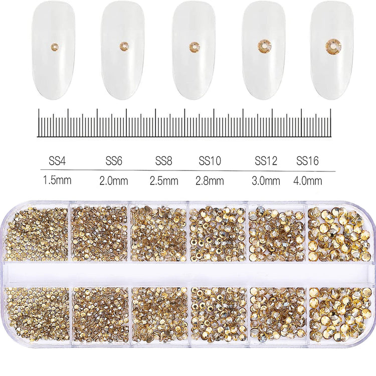 12 Grids Mixed Size Nail Rhinestones SS6 to SS30 Shiny Clear Gold Pink Blue Flat Back Glass Gems for DIY Nail Art Manicure Decoration Supply
