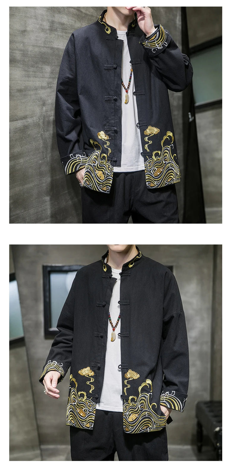 Camicie da uomo ricamate 2026 primavera stile cinese retrò colletto alla coreana giacca in cotone e lino cardigan da uomo Kungfu allentato casual Top