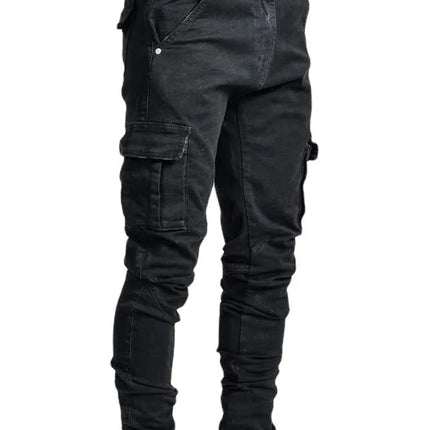 2025 New Men Street Elastic Denim Brand Jeans Narrow Legs Multi Pockets Cargo Pants Casual Slim Fit Daily Wear Joggers Mid Waist PlatiNum