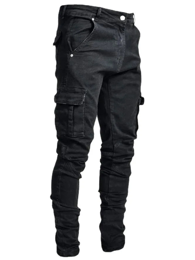 2025 New Men Street Elastic Denim Brand Jeans Narrow Legs Multi Pockets Cargo Pants Casual Slim Fit Daily Wear Joggers Mid Waist PlatiNum