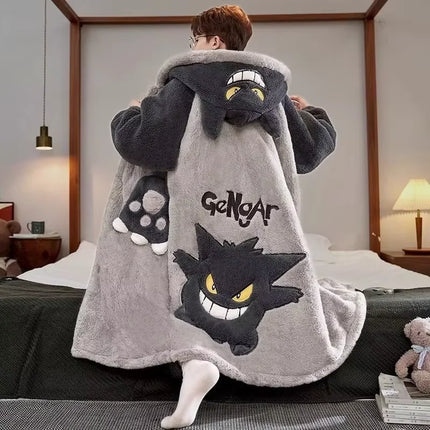 Kawaii Pokemon Pikachu Print Men's Fleece Pajama Set Hooded Robe + Pants Super Soft Winter Loungewear Cute Anime Sleepwear New