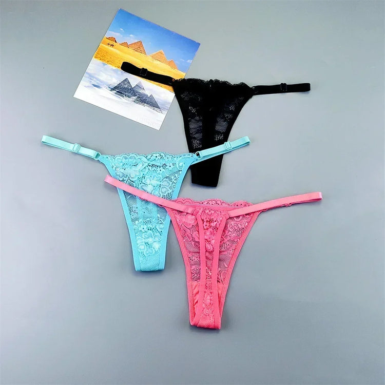 3PCS Adjustable Sexy Transparent Thong Panties Women Lace Underwear Low Waist Female T-back String Underpants