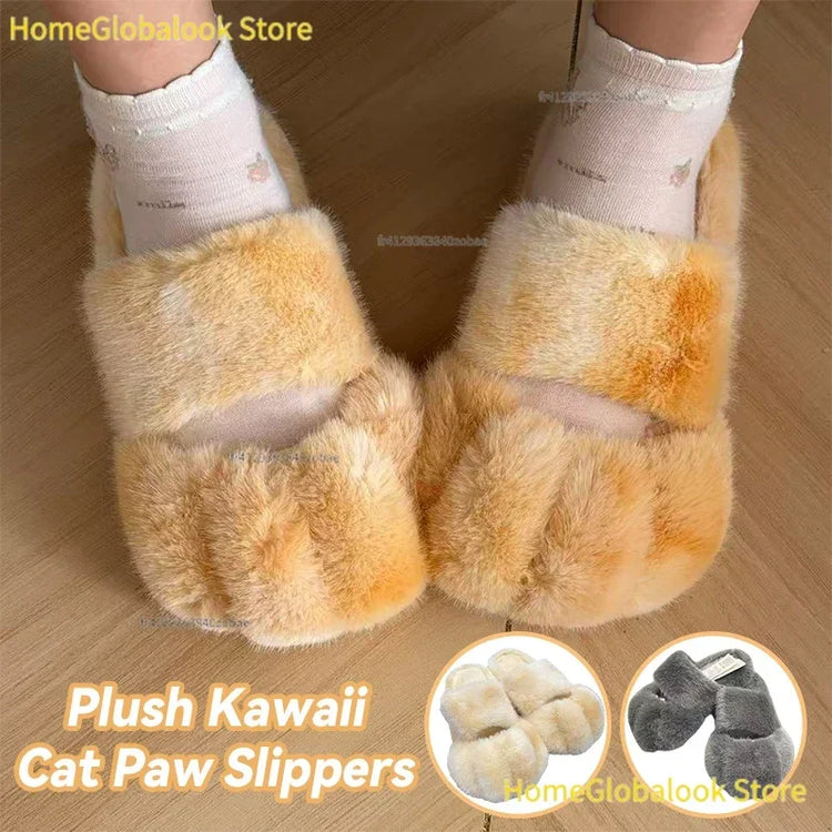 Women Kawaii Furry Cat Paw Slippers, Imitation Fur Fluffy Plush Warm Home Shoes, Comfort Flat Heel Cute Cat Slippers for Bedroom Indoor Daily Wear