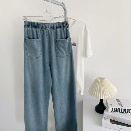 Jeans lavati curvi di seta pantaloni estivi in Denim a gamba larga larghi a vita alta da donna