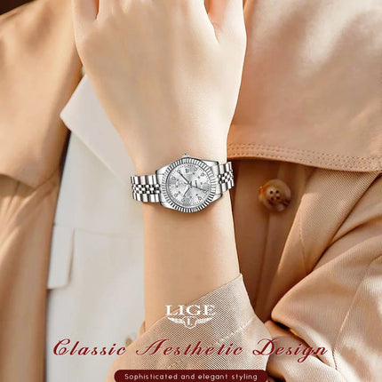 Orologio da Polso LIGE di Lusso con Strass per Donna, Cinturino in Acciaio Inossidabile, Movimento al Quarzo, Regalo, Reloj Mujer platinumshop