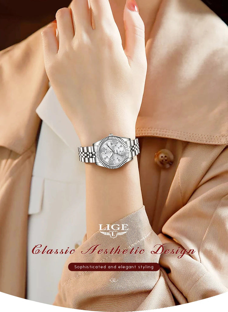 Orologio da Polso LIGE di Lusso con Strass per Donna, Cinturino in Acciaio Inossidabile, Movimento al Quarzo, Regalo, Reloj Mujer platinumshop