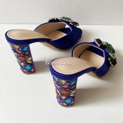Sandali con tacco alto da donna estivi in seta blu con strass colorati e decorazioni a nodo a farfalla in cristallo per ragazze
