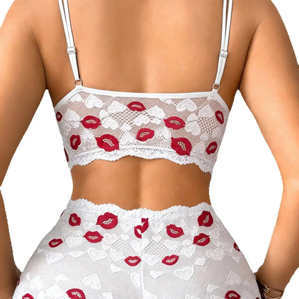 Women Sexy Lip Print Lingerie Set Hollow-out Lace Unlined Camisole Bra Thin Cup Wireless Sexy Bras and Sheer Panties