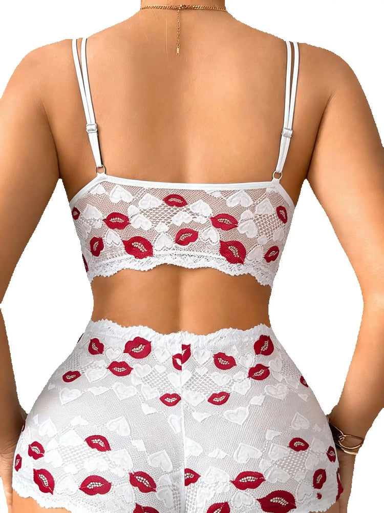 Women Sexy Lip Print Lingerie Set Hollow-out Lace Unlined Camisole Bra Thin Cup Wireless Sexy Bras and Sheer Panties